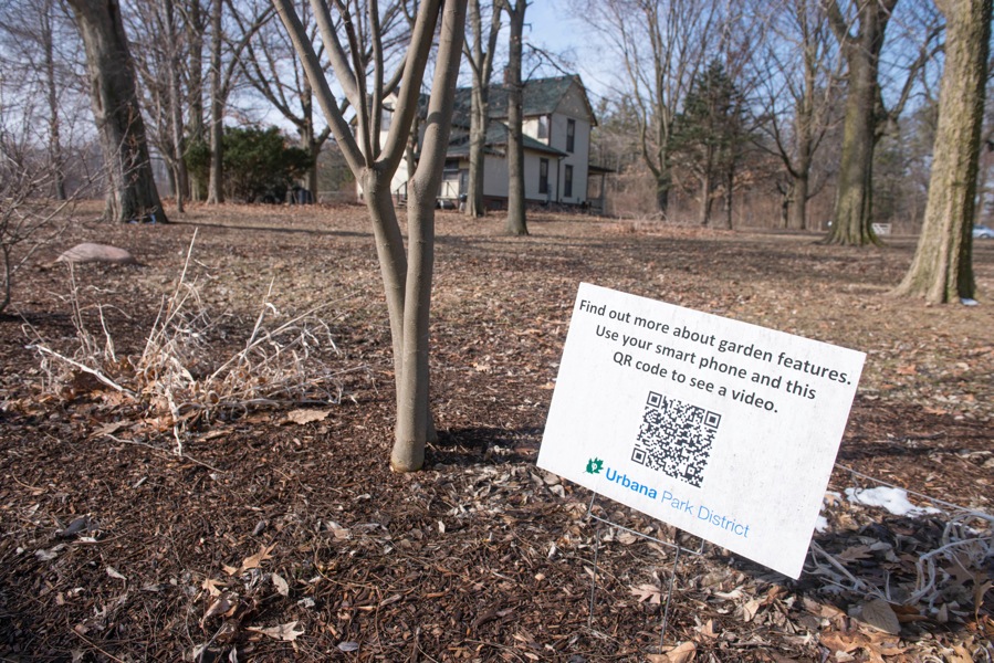 A sign placed at Meadowbrook Park in Urbana provides a 'QR code' for visitors to scan with their smartphones to learn more about the project, March 14, 2014.